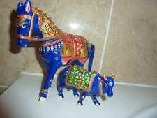 INDIAN METAL BLUE 15 CM HORSE AND 6.5 CM COW WITH MEENAKARI HAND PAINTED DESIGNS