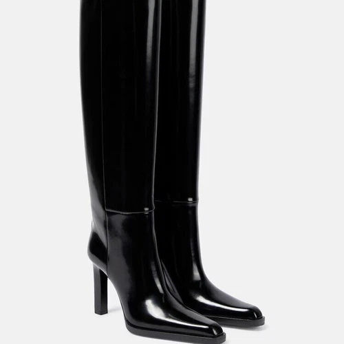 Mujeres Bloque Tacón Alto Botas Hasta la Rodilla Charol Tirar Botas Zapatos de Fiesta  - Imagen 1 de 8