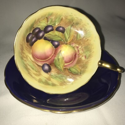Aynsley Tea Cup And Saucer Orchard Singed D Jones Cobalt Blue Gold Trim