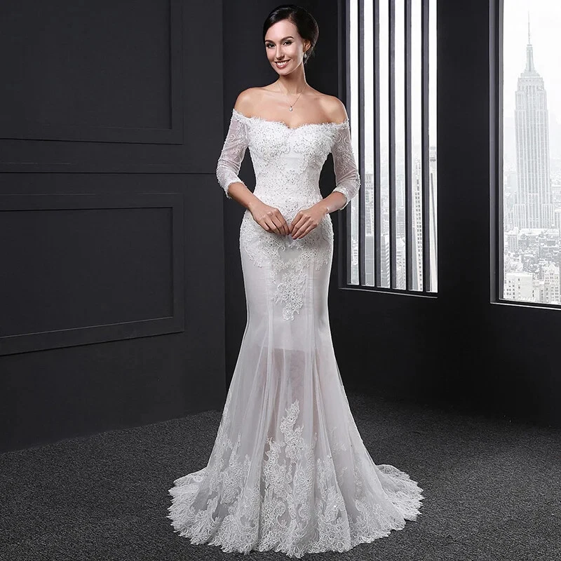 Sexy Vestido de Novia Sirena Hombro Descubierto Mangas 3/4 Apliques de Encaje Vestidos de Novia Foto 3 de 4