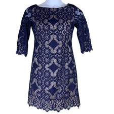 Eliza J Size 4 Dress Blue Lace 1/2 Sleeve Shift Cut Lined Short Length