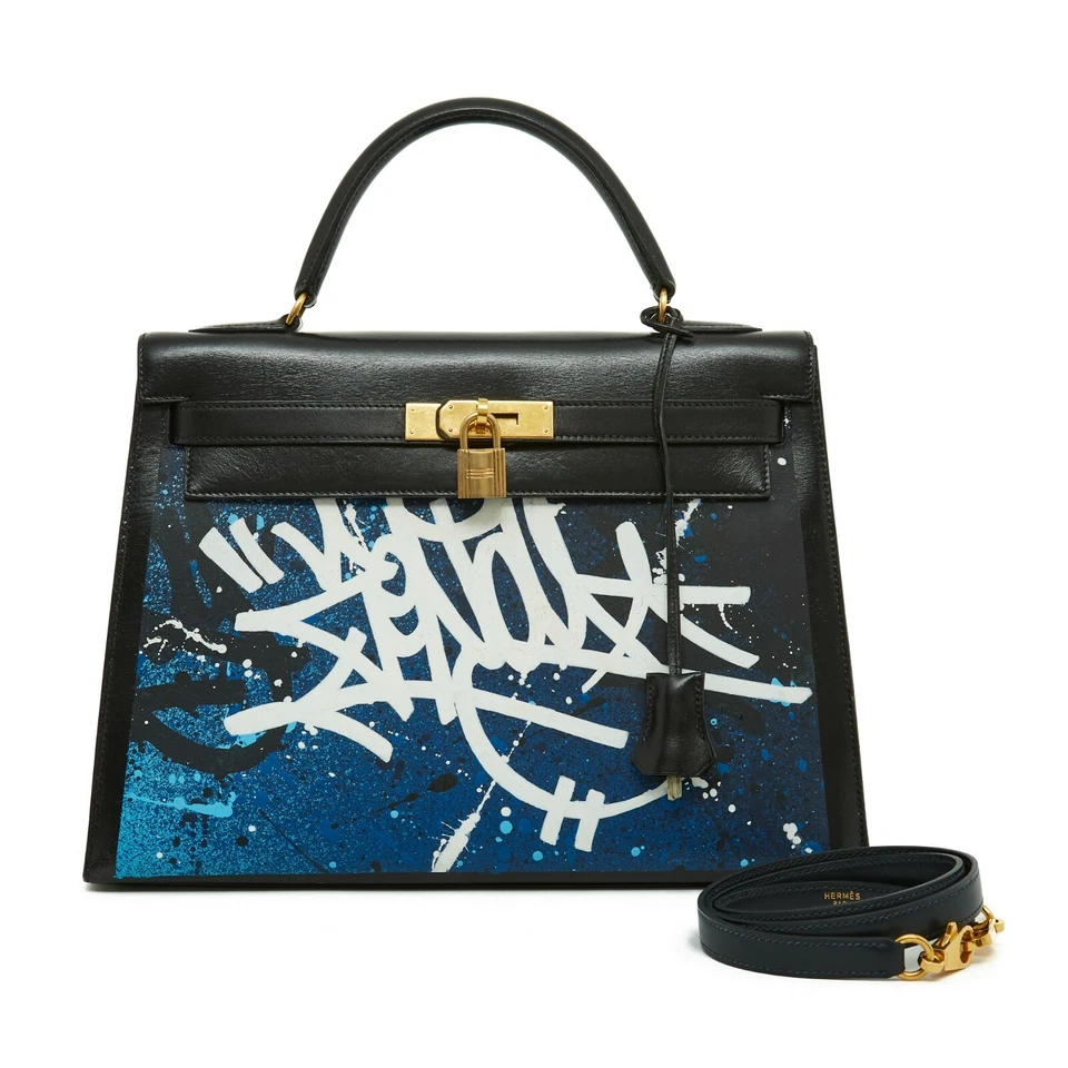 Hermès Zenoï Kelly 32 Sellier Sac Black Leather Graffiti Bag Navy strap Hermes