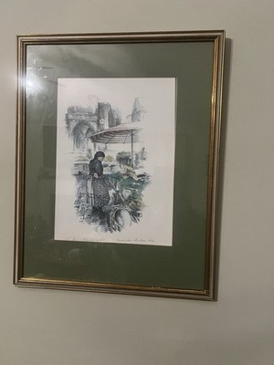 Monika Heller-Cole Framed Drawing Market Scene, 1966, Signed