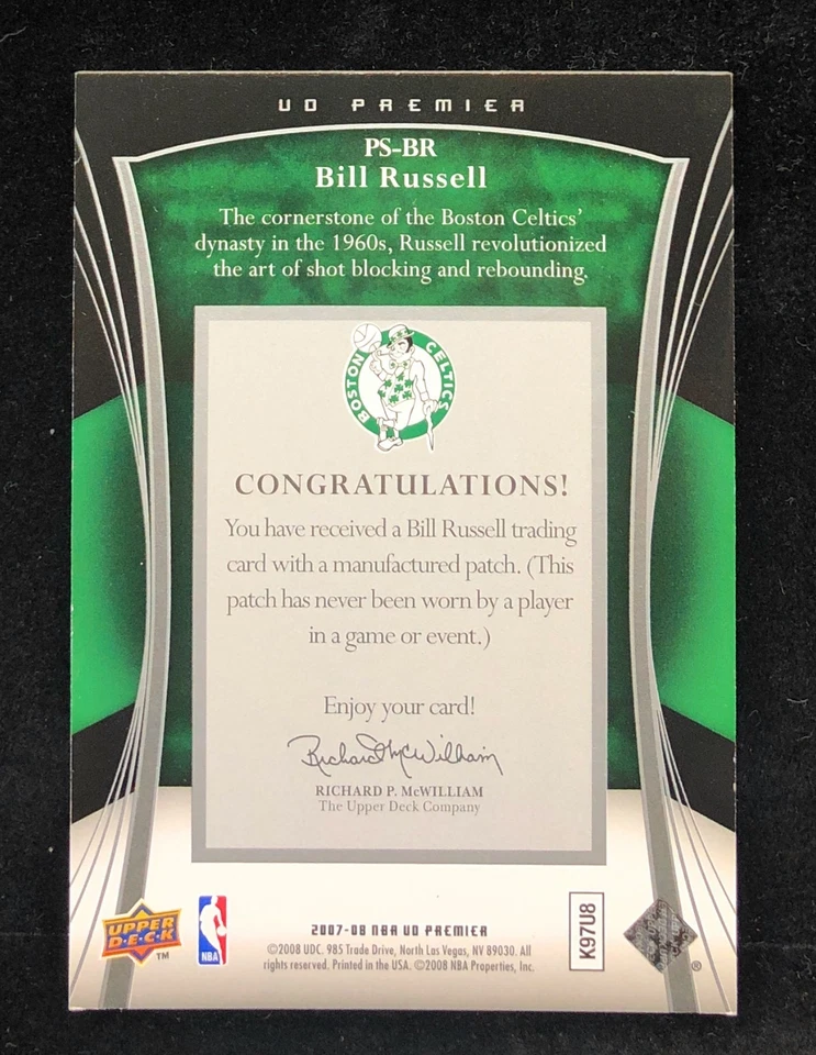 2007-08 Upper Deck Premier Bill Russell Reliquia Premier Costura Jersey Parche/50 Foto 2 de 2