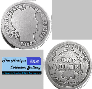 Antique 1893⌛US Philadelphia Mint Silver Barber Dime🪙Antique🪙