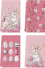 Pink Rabbit Bunny Eggs Happy Easter Flowers Kitchen Towels Dish Towels, 18X26 In