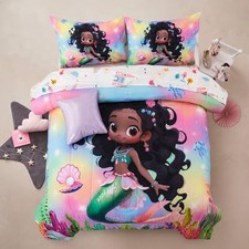 6pcs Comforter Set,Black Girl Princess Mermaid with Twin 6-Piece Pinkgreen
