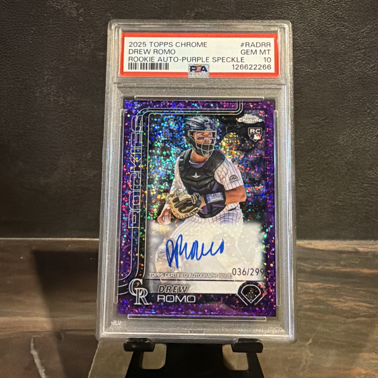 2025 Topps Chrome Drew Romo Rookie Auto RC Purple SPECKLE /299 Rockies PSA 10