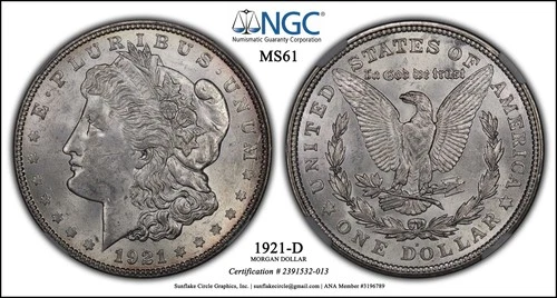 1921-D Morgan Silver Dollar NGC MS61 Denver