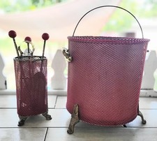 Vintage English Coal Fireplace Mesh Bucket,Bakelite Tool Kit- 7 Pieces-FREE SHIP