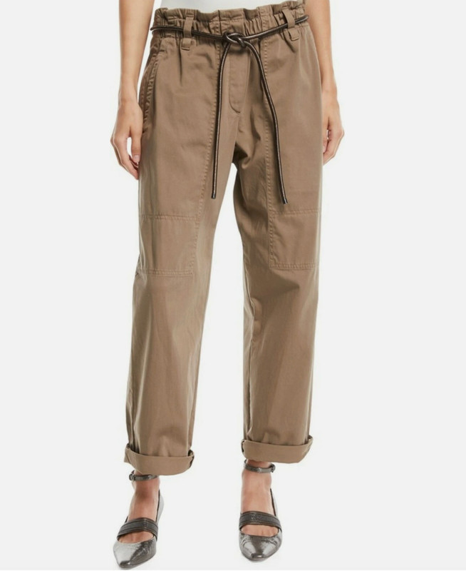 BRUNELLO CUCINELLI BROWN PAPER BAG COTTON TAPERED PANTS WITH BELT SIZE 4