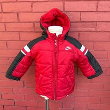 Vtg Y2K Nike Puffer Jacket Red Black Logo Hooded Winter Coat Kids 18 Months