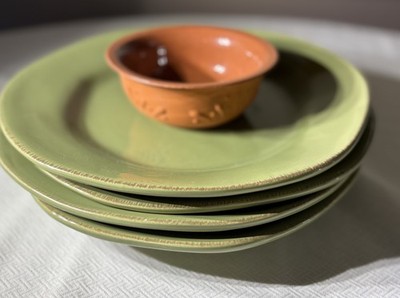 Pier 1 Elemental Moss Green Dinner Plate Set Of 4 12  + Terracotta Bowl EUC