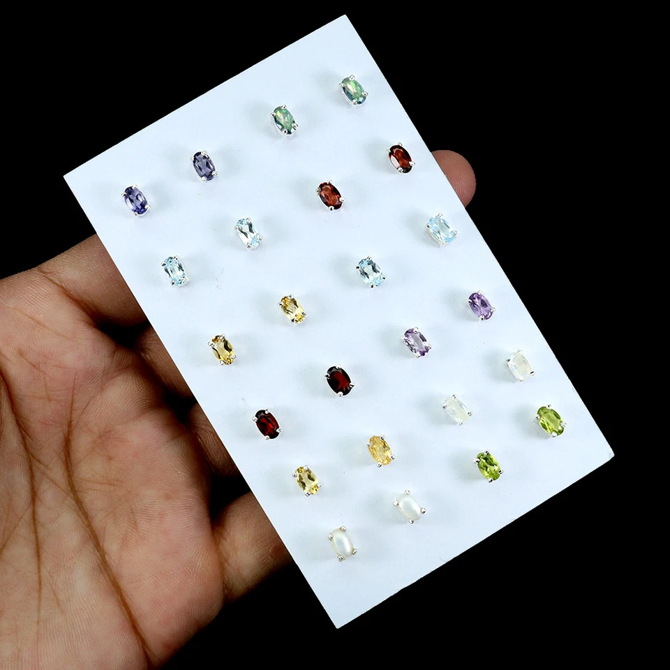 925 Orecchini Argento Sterling Ovale Iolite Topazio Peridoto 5x3mm 12 Paia - Immagine 3 di 4