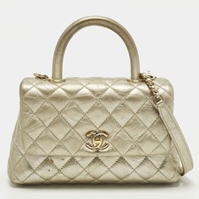 Chanel Coco Handle Mini Gold Quilted Aged Leather Top Handle Bag