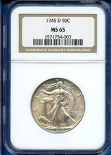 1945 D NGC MS65 Walking Liberty Half Dollar 50c US Mint Silver Coin 1945-D MS-65