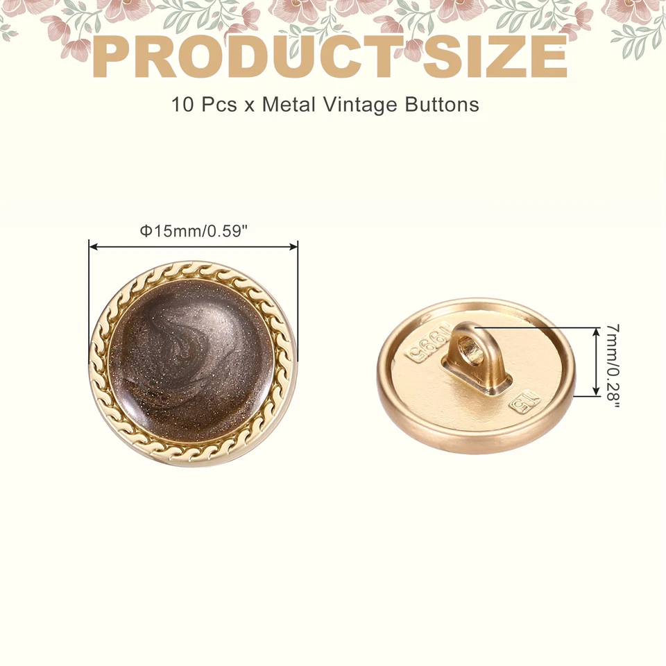 Botón de costura de metal vintage dorado de 15 mm redondo de metal, paquete de 10 marrones Foto 2 de 4
