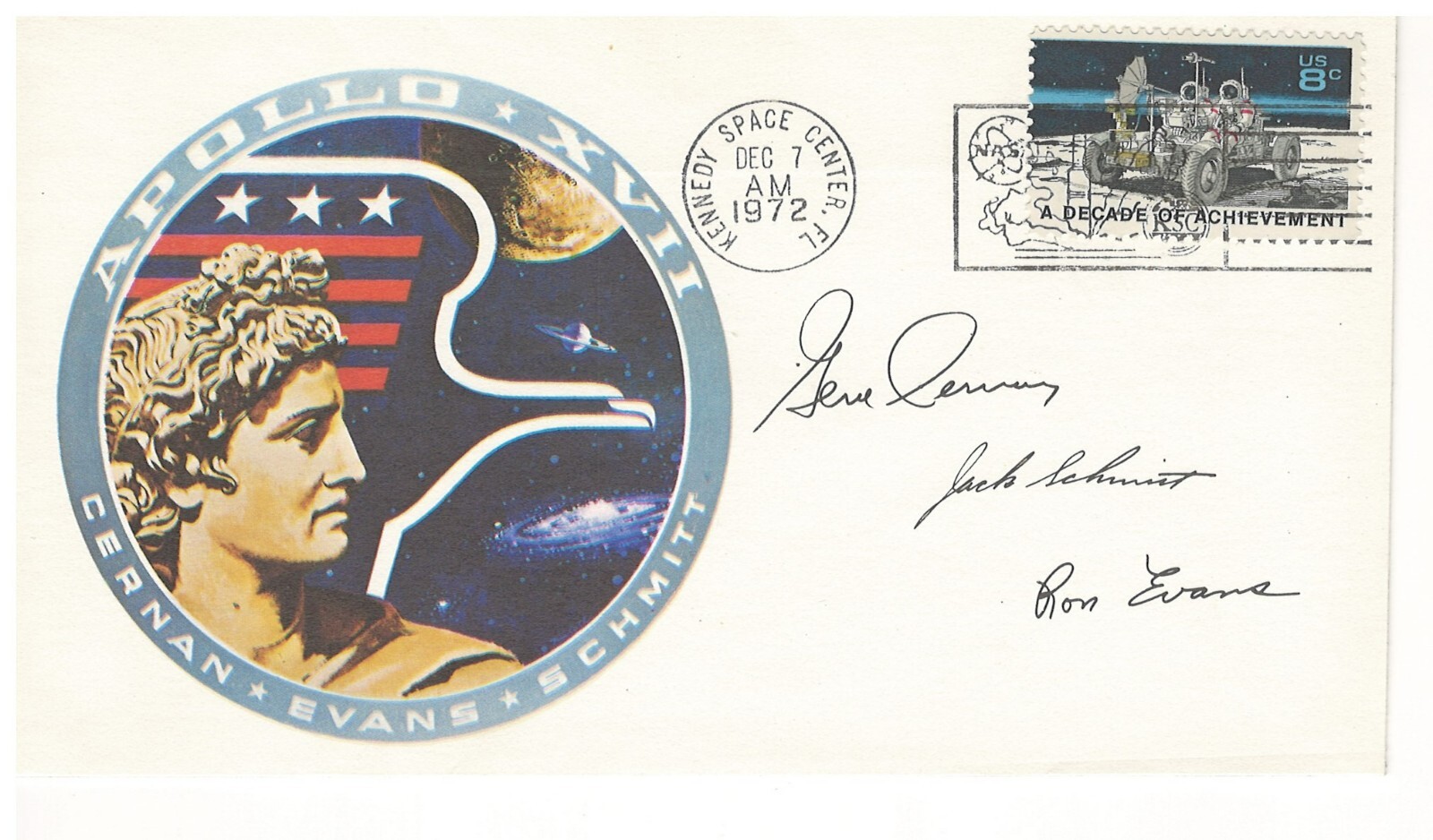 1972 Apollo XVII Crew Autopen Signed Space Cover - Very nice clear Dec ...