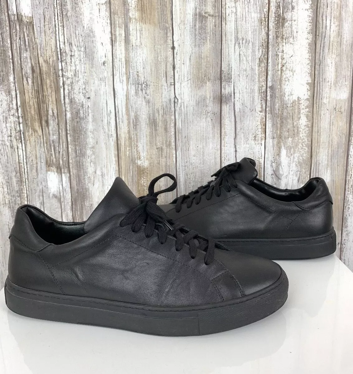 Plain black leather sneakers clearance