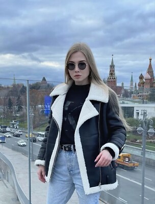 WOMEN COAT B4 BOMBER RAF BLACK AVIATOR FLYING SHEARLING  REAL LEATHER JACKET
