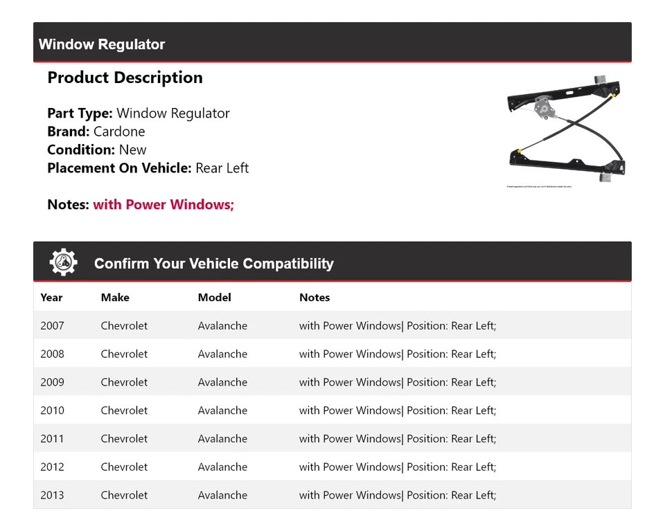 Regulador de janela traseiro esquerdo Cardone 2008 2009 Chevrolet Avalanche 2007-2013 - Imagem 2 de 4