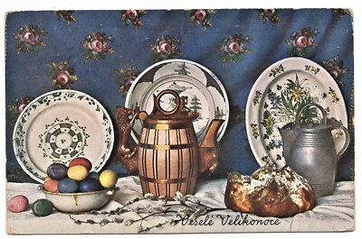  Postcard Easter, still life, Easter eggs, bread, plates, jugs, used 1913