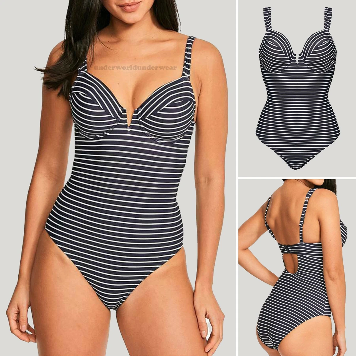 Figleaves Cast Away Underwired V Plunge Shaping Swimsuit 753003 Ink/White  Stripe