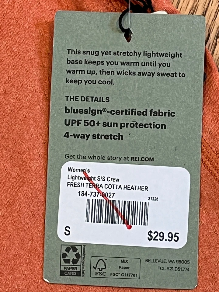 Capa Base Ligera REI Talla Pequeña S/S Crew Fresca Terracota Brezo Nuevo con Etiquetas Foto 4 de 4