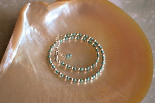 3mm Turquoise and 3mm Sterling Silver Bead Ankle Bracelet 7 to 9 Inches - Picture 3 of 12