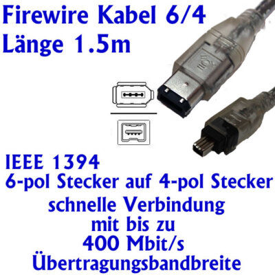 FireWire IEEE 1394 Daten Kabel Adapter 6 pol auf 4 pol Mini DV PC Länge 1.5m