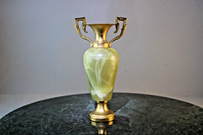 Italian Green Onyx Ewer Brass Greco-Roman 5.5'' Precious Stone Ornament PRISTINE