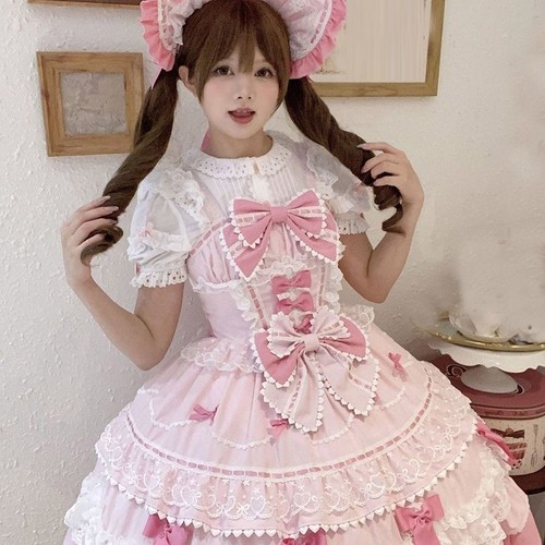 Japanese Cute Girls Womens JSK A-Line Dress Lolita Princess Bow Ruffle ...