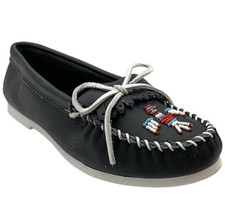 Minnetonka Thunderbird Leather Moccasins Hand-Beaded Fringe Sz 7.5 runs large 