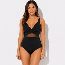 Black One Piece Swimsuit Underwire Mesh Cutout Padded Adjustable Straps M Est