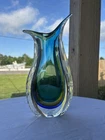 Vintage MCM MURANO Sommerso Art Glass Vase, 6.5" Fishtail Blue Green Clear