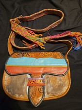 Vintage Handmade Colombian Carriel Leather Crossbody Bag Cowhide Tooled Saddle.