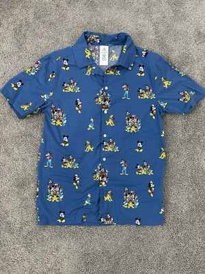 Disney Mickey Minnie Goofy Pluto Donald Friends Blue Button Up Shirt Small