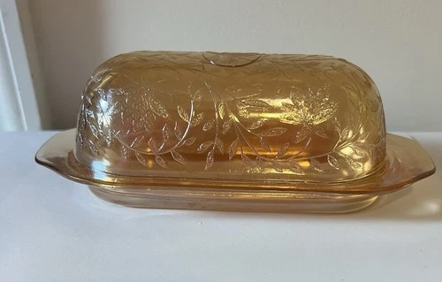 Vintage Jeanette Glass Louisa Marigold Floragold Footed Butter Dish With Lid