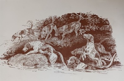 JOHN CHARLTON FOX HUNTING  FOXHOUNDS IN A STREAM FOLLOWING A SCENT 1891 DOG ART