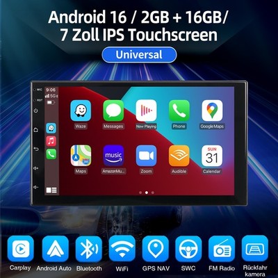 Android 16 Autoradio 2 DIN 2+16GB Carplay 7 Zoll GPS NAVI RDS Bluetooth WIFI SWC