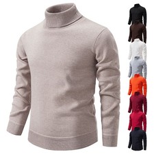 Men's Turtleneck Pullover Sweater Fashion Solid Color Fleece Lined Knitted Long-
