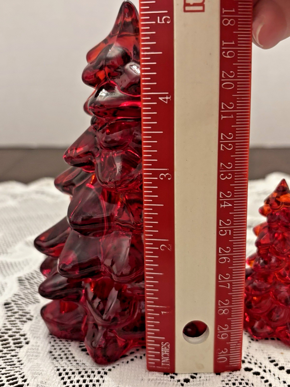 Mosser Glass Red Christmas Tree Set of 2 Holiday Decor Cadmium GLOWS Under UV