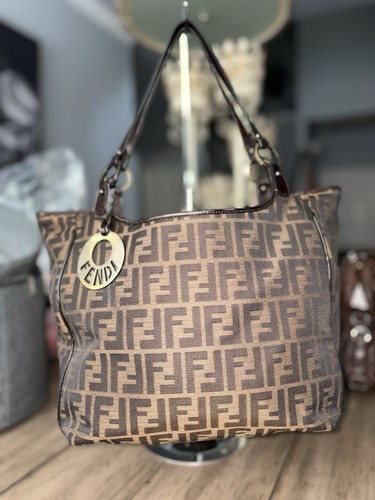 Fendi Zucca FF Monogram Brown Beige Zip Chef’s Tote w/ Charm, Pockets