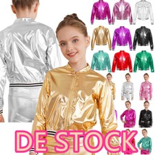 DE~Kinder Jungen Mädchen Metallic Jacke Glänzend Bomberjacke Mantel Tanzkostüm