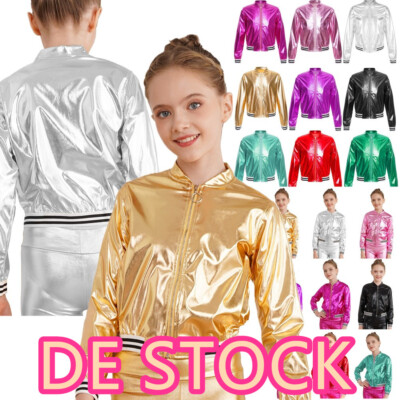 DE Freebily Jacke Mädchen Metallic Langarm Herbst Retro Bomberjacke Bikerjacke