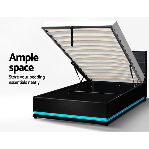 Artiss RGB LED Bed Frame King Single Size Gas Lift Base Storage Leather LUMI - Picture 5 of 7