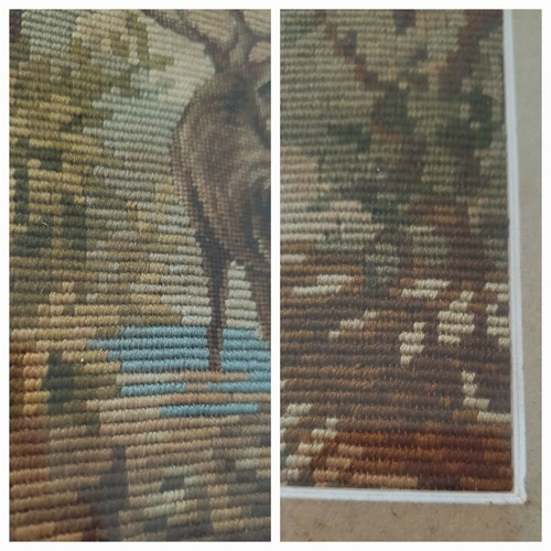 Antique Completed Tapestry Needlepoint Framed Buck Deer Forest Scene Wild Life - Picture 6 of 12