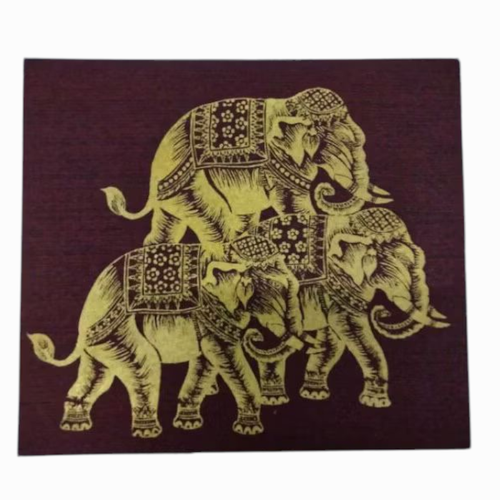 Thai Silk Art 3Gold Elephant Wall Decor Dark Red Handmade Painting From Thailand - Picture 3 of 3