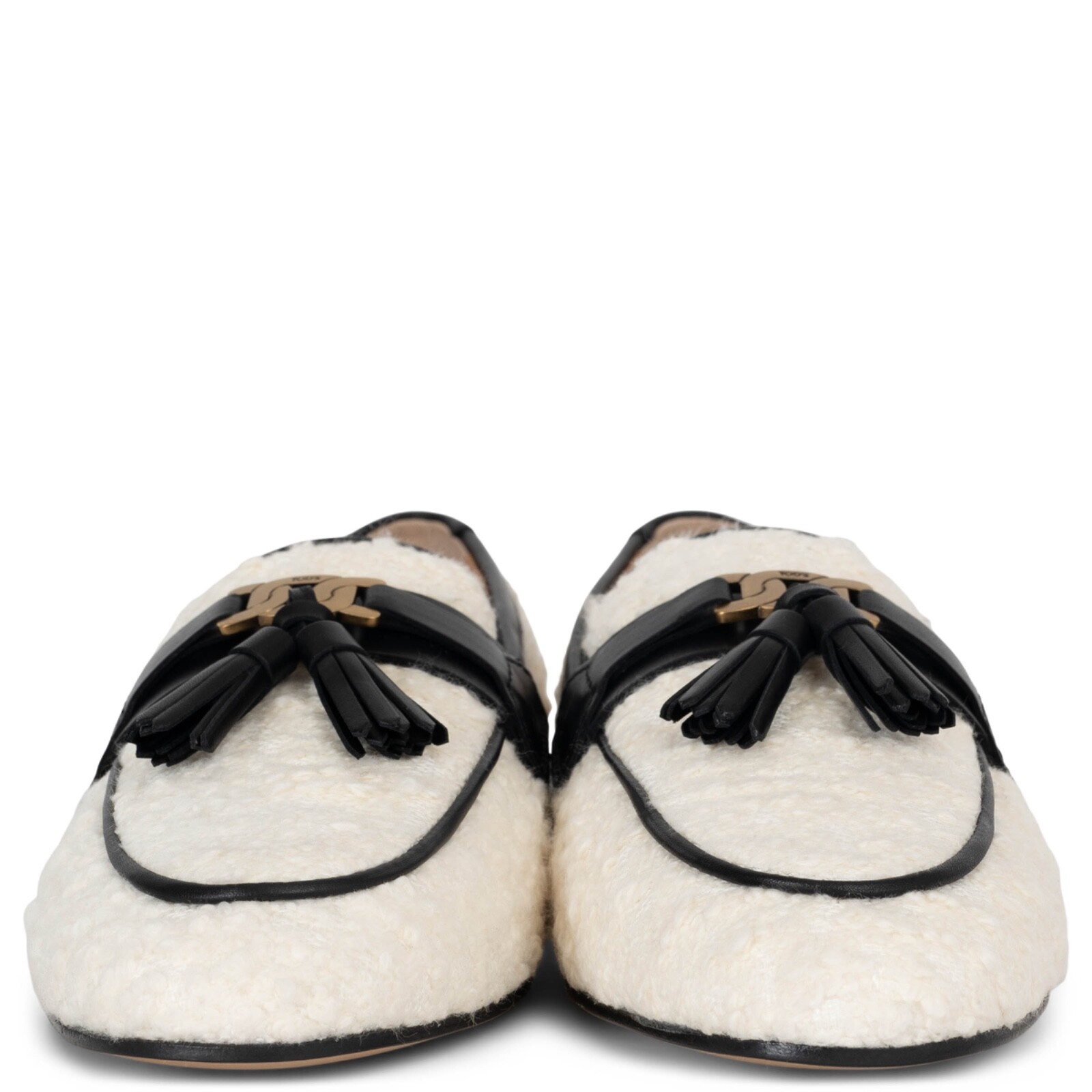 71386 auth TOD'S cream & black TASSLED BOUCLE & LEATHER Loafers Shoes 38.5 image 2