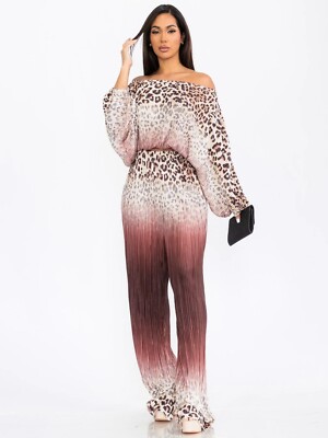 Animal Print Cold Shoulder Top and Pants Set Size Large Wide Leg